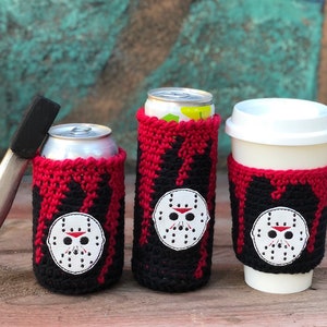 Cozy/Crocheted/Can/Regular/Slim/Coffee/Glass/Cup/Drink Holder/Hockey Masked Villain/Halloween/Scary/Horror/Movie Themed/Handmade/Party Ideas