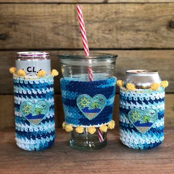 Cozy/Crocheted/Slim/Can/Bottle/Cup/Drink Holder/Beach/Lake/Summer/Koozie/Gift Ideas/Blue