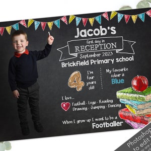 May include: A chalkboard-style sign for a child's first day in Reception, September 2023. Features the name "Jacob's" and details about the child's age, favourite colour (blue), and school. Includes a photo of a young boy and a stack of books.