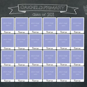 May include: A chalkboard with the text "OAKFIELD PRIMARY Class of 2021" and 24 blank photo frames. The frames are arranged in a grid of 6 rows and 4 columns. The chalkboard is decorated with drawings of school supplies, including a pencil, a ruler, a paintbrush, a microscope, a book, a star, and a laptop.