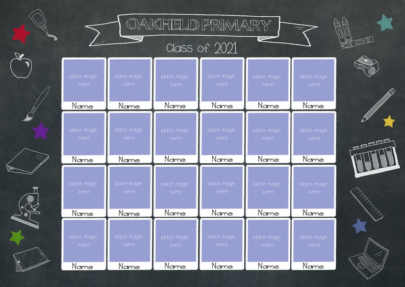 May include: A chalkboard with the text "OAKFIELD PRIMARY Class of 2021" and 24 blank photo frames. The frames are arranged in a grid of 6 rows and 4 columns. The chalkboard is decorated with drawings of school supplies, including a pencil, a ruler, a paintbrush, a microscope, a book, a star, and a laptop.