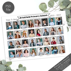 May include: A printable classroom poster with a black and white border. The poster is for Brickfield Primary School, Year 5 class, 2022-2023. It features a grid of 36 individual student photos.