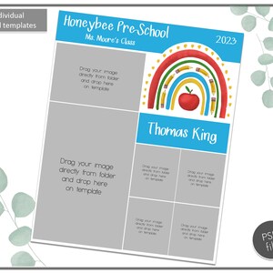 Könnte beinhalten: Eine Schablone für die Schule mit dem Text "Honeybee Pre-School" und "Ms. Moore's Class". Das Design umfasst einen Regenbogen mit Bleistiften und einem Apfel sowie den Namen "Thomas King". Die Vorlage hat Platzhalter für Bilder und den Text "Drag your image directly from folder and drop here on template".