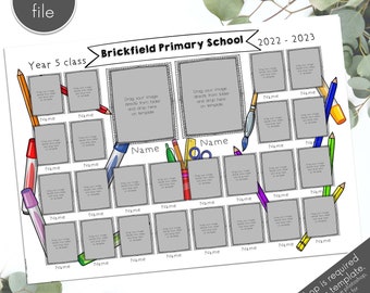 May include: A printable classroom photo template for Year 5 students at Brickfield Primary School. The template features a black and white design with a gray background and a title that reads "Brickfield Primary School 2022-2023". The template has 30 photo spaces for student photos and includes a space for each student's name.