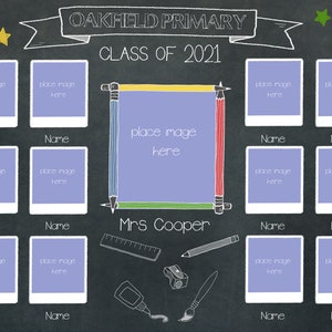 May include: A chalkboard with the text "Oakfield Primary Class of 2021" and a photo collage of students. The teacher's name is "Mrs. Cooper".