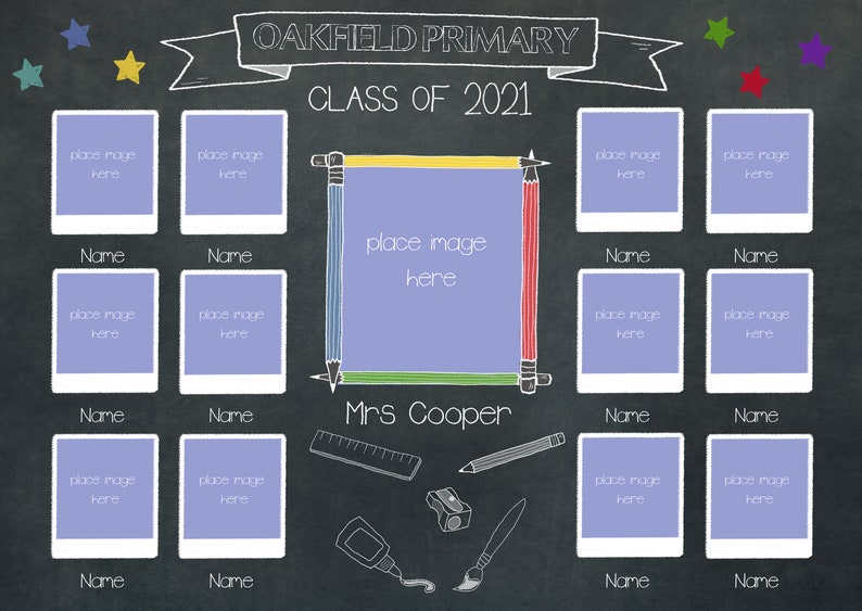 May include: A chalkboard with the text "Oakfield Primary Class of 2021" and a photo collage of students. The teacher's name is "Mrs. Cooper".