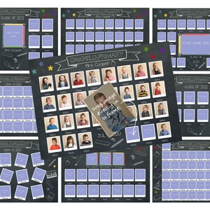 May include: A set of nine printable classroom posters with a chalkboard background. Each poster has a different layout with a title that says "Oakfield Primary" and "Class of 2021". The posters are designed to be used for a class photo collage. Each poster has a grid of photo frames with space for student photos. The posters are decorated with colorful stars, pencils, and other school supplies.