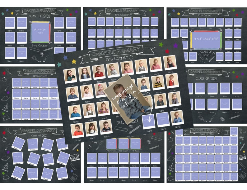 May include: A set of nine printable classroom posters with a chalkboard background. Each poster has a different layout with a title that says "Oakfield Primary" and "Class of 2021". The posters are designed to be used for a class photo collage. Each poster has a grid of photo frames with space for student photos. The posters are decorated with colorful stars, pencils, and other school supplies.