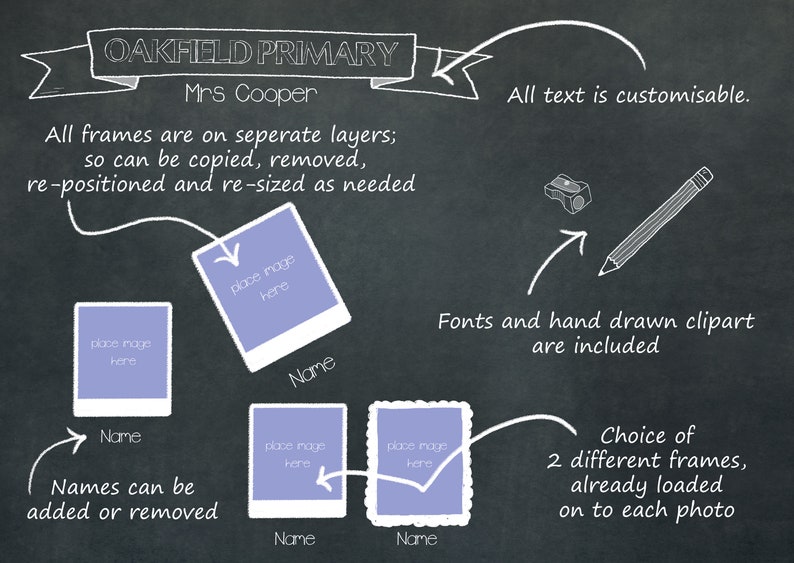 May include: A chalkboard with a white outline of a banner that says "Oakfield Primary" and "Mrs. Cooper". The chalkboard also includes text that says "All frames are on separate layers; so can be copied, removed, re-positioned and re-sized as needed." and "All text is customizable." There are four photo frames with placeholders for images and names. The text "Names can be added or removed" is also included. The chalkboard also includes a pencil, a pencil sharpener, and the text "Fonts and hand drawn clipart are included." and "Choice of 2 different frames, already loaded on to each photo."