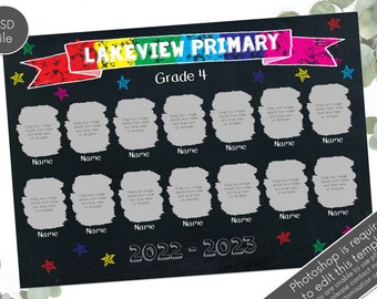 Puede incluir: Una pizarra negra con una pancarta arcoíris que dice "Lakeview Primary" y "Grade 4". Hay 12 marcadores de posición para fotos con el texto "Arrastra tu imagen directamente desde la carpeta y suéltalo aquí en la plantilla" y "Nombre" debajo de cada marcador de posición. El año "2022-2023" está escrito en tiza blanca en la parte inferior. El texto "Photoshop es necesario para editar esta plantilla." está escrito en blanco en la esquina inferior derecha.