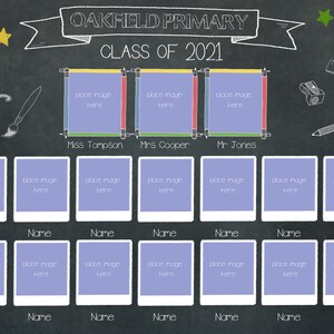 May include: A chalkboard with the words "Oakfield Primary Class of 2021" written on it. There are several photo frames with the words "place image here" written in each frame. The names of three teachers are written below the frames: Miss Tompson, Mrs. Cooper, and Mr. Jones.