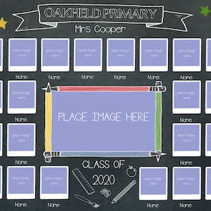 May include: A black chalkboard with a classroom theme. It has a title that says "Oakfield Primary" and "Mrs. Cooper". There are 20 photo frames with the text "Place Image Here" in each frame. The text "Class of 2020" is written on the chalkboard. There are various school supplies drawn on the chalkboard, including pencils, a ruler, an apple, a camera, and a paintbrush.