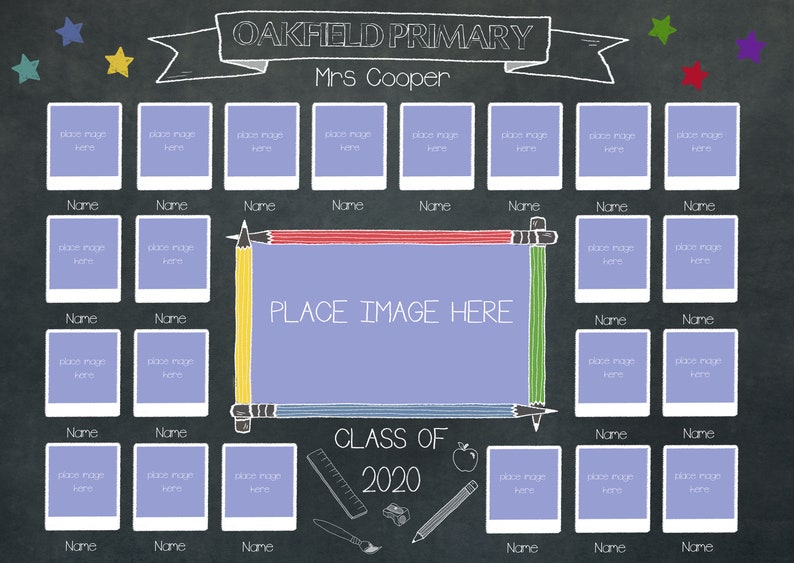 May include: A black chalkboard with a classroom theme. It has a title that says "Oakfield Primary" and "Mrs. Cooper". There are 20 photo frames with the text "Place Image Here" in each frame. The text "Class of 2020" is written on the chalkboard. There are various school supplies drawn on the chalkboard, including pencils, a ruler, an apple, a camera, and a paintbrush.