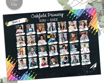 May include: A black chalkboard with the text "Oakfield Primary 2021-2022" and "Year 5" in gold glitter. There are 36 individual photos of children in white frames with torn edges, arranged in a grid pattern.