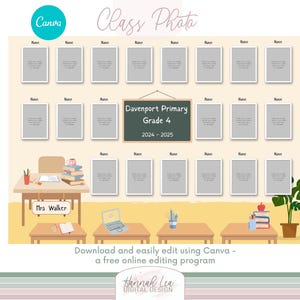 May include: A class photo template with spaces for student photos, featuring the text "Davenport Primary Grade 4 2024-2025." The design includes desks, a teacher's desk, and the text "Mrs. Walker." The Canva logo is visible.