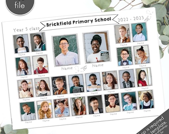 May include: A black and white printable classroom poster template for a Year 5 class at Brickfield Primary School. The poster has a title bar with the school name and year. There are 28 photo placeholders for student photos and one for the teacher's photo. The poster is designed to be edited in Photoshop.