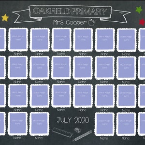 May include: A black chalkboard with the words "Oakfield Primary" and "Mrs. Cooper" written in white chalk. There are 36 purple photo frames with white borders and white scalloped edges. Each frame has a place for a photo and a name. The frames are arranged in a grid pattern. The chalkboard also has a ruler, a pencil, and a toy truck drawn on it. The text "July 2020" is written in white chalk at the bottom of the chalkboard.