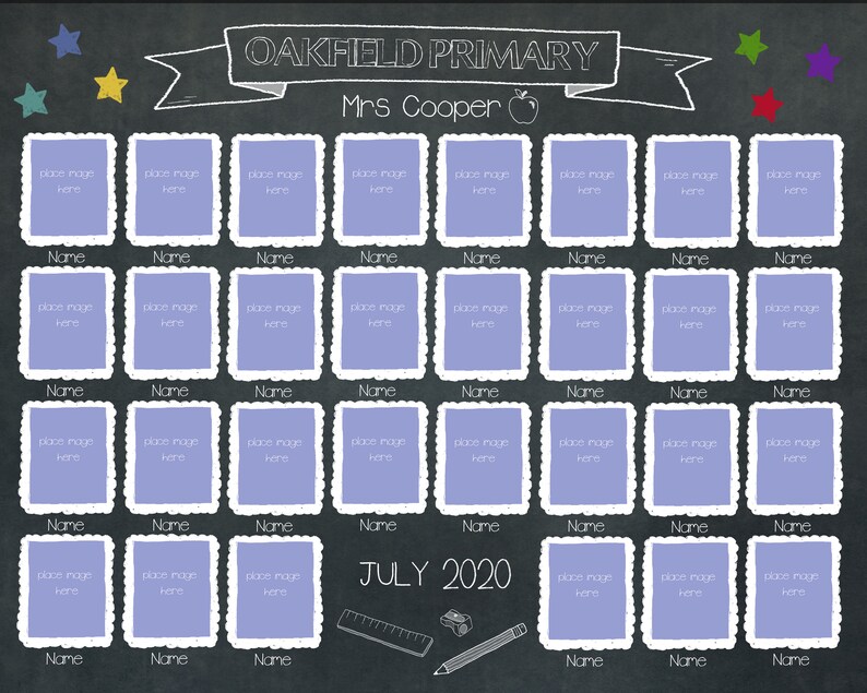 May include: A black chalkboard with the words "Oakfield Primary" and "Mrs. Cooper" written in white chalk. There are 36 purple photo frames with white borders and white scalloped edges. Each frame has a place for a photo and a name. The frames are arranged in a grid pattern. The chalkboard also has a ruler, a pencil, and a toy truck drawn on it. The text "July 2020" is written in white chalk at the bottom of the chalkboard.