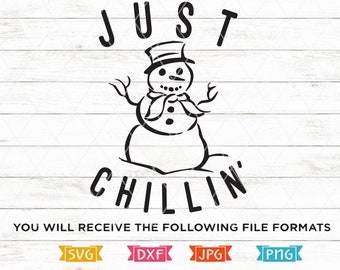 May include: Black and white line art illustration of a snowman with a hat and scarf. The text "Just Chillin'" is above the snowman.