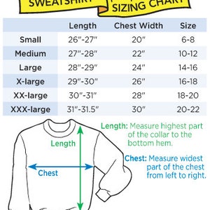 Puede incluir: Un gr&aacute;fico que muestra el tama&ntilde;o de las sudaderas con medidas en pulgadas. El gr&aacute;fico muestra la longitud y el ancho del pecho para las tallas S, M, L, XL, XXL y XXXL. Un diagrama muestra c&oacute;mo medir la longitud y el ancho del pecho.