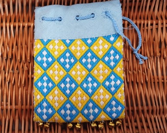 Medieval Embroidered Coin Purse 14th century, Yellow White Blue Almoner | RPG Dice Puch | RPG Dice Holder