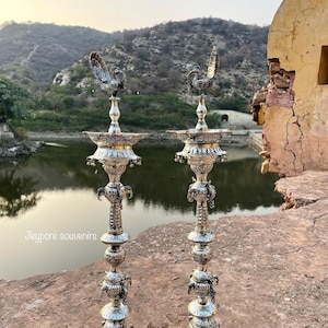 Set of 2 Copper with Silver polish lamp, German silver Diya, Oil Lamp, Oil Wick Diya, Home/Temple Decor, Handcrafted, Kerala Lamp