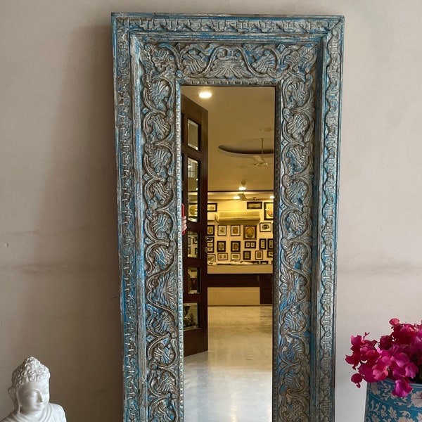 Espejo de madera tallado a mano indio, acabado rústico desgastado, espejo de pared indio tallado a mano, muebles para el hogar, espejo de tocador largo
