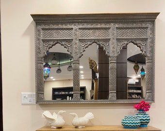 Indian Jharokha Mirror/frame, Triple Arch frame, Handcarved Wooden Mirror, Distressed Rustic Finish, Intricately Carved Indian Wall Mirror