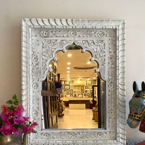 Indian Handcarved Wooden Wall Mirror, Jharokha Mirror, wall decor, Distressed Rustic Finish, Intricately hand carved vintage wood mirror