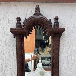Indian Handcarved Wooden Wall Mirror, Jharokha Mirror, wall decor, Distressed Rustic Finish, Intricately hand carved vintage wood mirror
