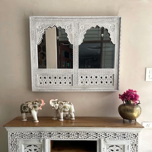 Indian Handcarved Wooden Wall Mirror, Two Jharokha Mirror, wall decor, Distressed Rustic Finish, Intricately hand carved vintage wood mirror