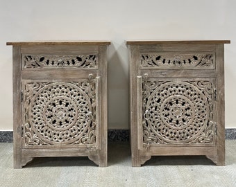 Wooden Bed side table with drawer, intricately handcarved Cabinet, Entryway Console Table, Storage Unit,Indian Bedroom furniture,Night stand