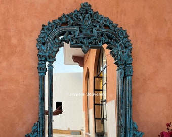 Indian Intricately Handcarved Wooden Wall Mirror, European inspired Jharokha Mirror, decor, Distressed Rustic Finish, vintage vanity mirror