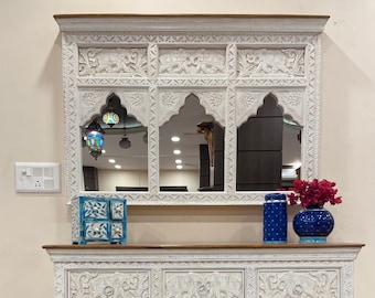 Indian Jharokha Mirror, Triple Arch frame, Handcarved Wooden Mirror & Console, Distressed Rustic Finish Mirror and Cabinet, elephant motif