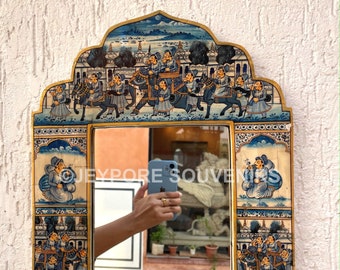 Indian Handpainted Jharokha Mirror, Intricately handmade camel bone Indian Wall Mirror, wall art, Indian mirror, rajasthani royal painting