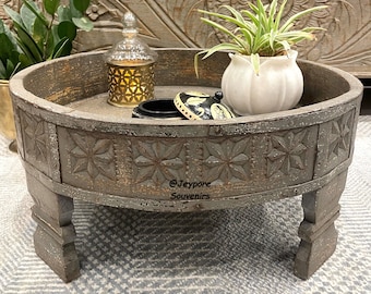 Boho Chakki Table, Vintage Handcarved Indian Grinder Table Decor, Tavolino centrale in legno, Finitura invecchiata, Tavolino basso in legno intagliato