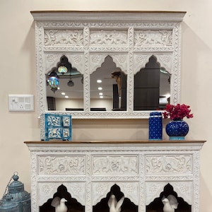 Indian Jharokha Mirror, Triple Arch frame, Handcarved Wooden Mirror & Console, Distressed Rustic Finish Mirror and Cabinet, elephant motif