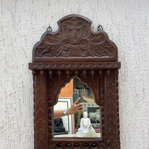 Indian Handcarved Wooden Wall Mirror, Jharokha Mirror, wall decor, Distressed Rustic Finish, Intricately hand carved vintage wood mirror