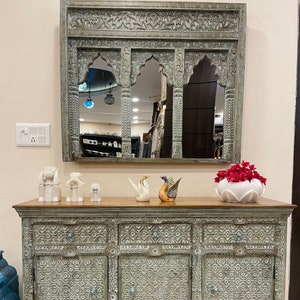 Indian Jharokha Mirror, Triple Arch frame, Handcarved Wooden Mirror & Console, Distressed Rustic Finish Mirror and Cabinet, elephant motif