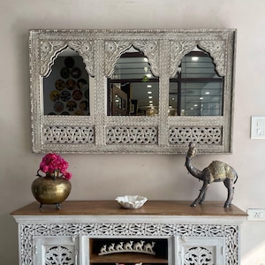 Indian Jharokha Mirror/frame, Triple Arch frame, Handcarved Wooden Mirror, Distressed Rustic Finish, Intricately Carved Indian Wall Mirror