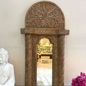 Indian Handcarved Wooden Wall Mirror, Jharokha Mirror, wall decor, Distressed Rustic Finish, Intricately hand carved vintage wood mirror