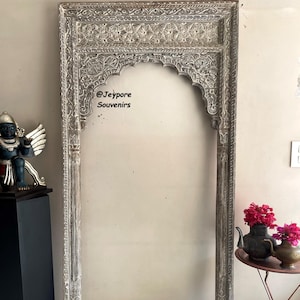 Indian Handcarved Wooden Wall Mirror, Jharokha Mirror, Distressed Rustic Finish, Intricately vintage style wooden frame, Tall Vanity mirror