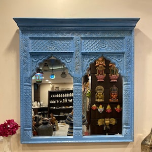 Indian Jharokha Mirror, Double Arch frame, Handcarved Wooden Mirror & Console, Distressed Rustic Finish Mirror and Cabinet, entryway table