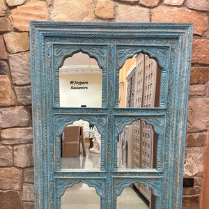 Indian Hand carved 6 Jharokha Mirror, Wooden frame in Distressed Rustic Finish, Indian Wall Mirror, home decor furniture,Haveli style Mirror