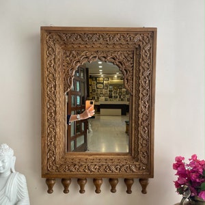 Indian Handcarved Wooden Wall Mirror, Jharokha Mirror, wall decor, Distressed Rustic Finish, Intricately hand carved vintage wood mirror