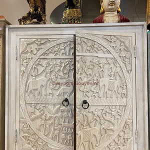 Handgeschnitzter Schrank, weißer Ablageschrank, Handgemachtes Massivholz Sideboard, Eingangsschrank, Indische Möbel, Nachttischschrank, Wohndeko
