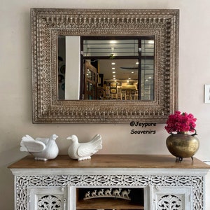 Indian Handcarved Wooden Wall Mirror, Jharokha Mirror, wall decor, Distressed Rustic Finish, Intricately hand carved vintage wood mirror