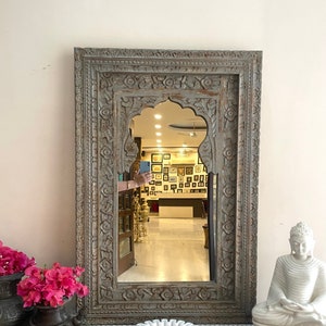 Indian Handcarved wooden Mirror, Distressed Rustic Finish, Intricately Hand Carved Indian Wall Mirror, home furniture, Vintage style Mirror