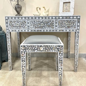 Mother of pearl inlay vanity console with matching stool , Console table gray color, Vanity table, Handcrafted sideboard, handmade Furniture