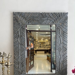 Indian Handcarved Wooden Wall Mirror, Jharokha Mirror, wall decor, Distressed Rustic Finish, Intricately hand carved vintage wood mirror